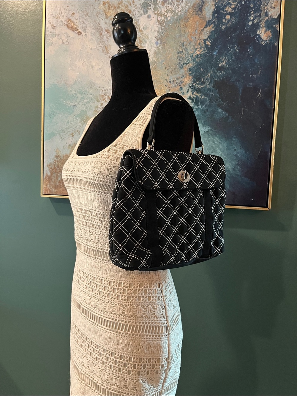 Vera Bradley Black Quilted Satchel with White Stitching - Picture 8 of 10